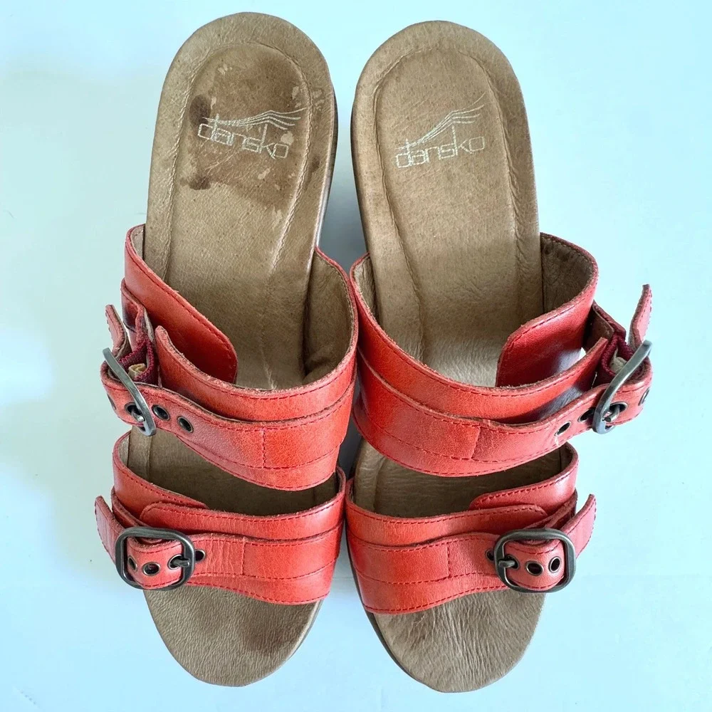 Dansko Jessie Coral Red Leather Clog Sandals Bohemian Chic Size EU/37